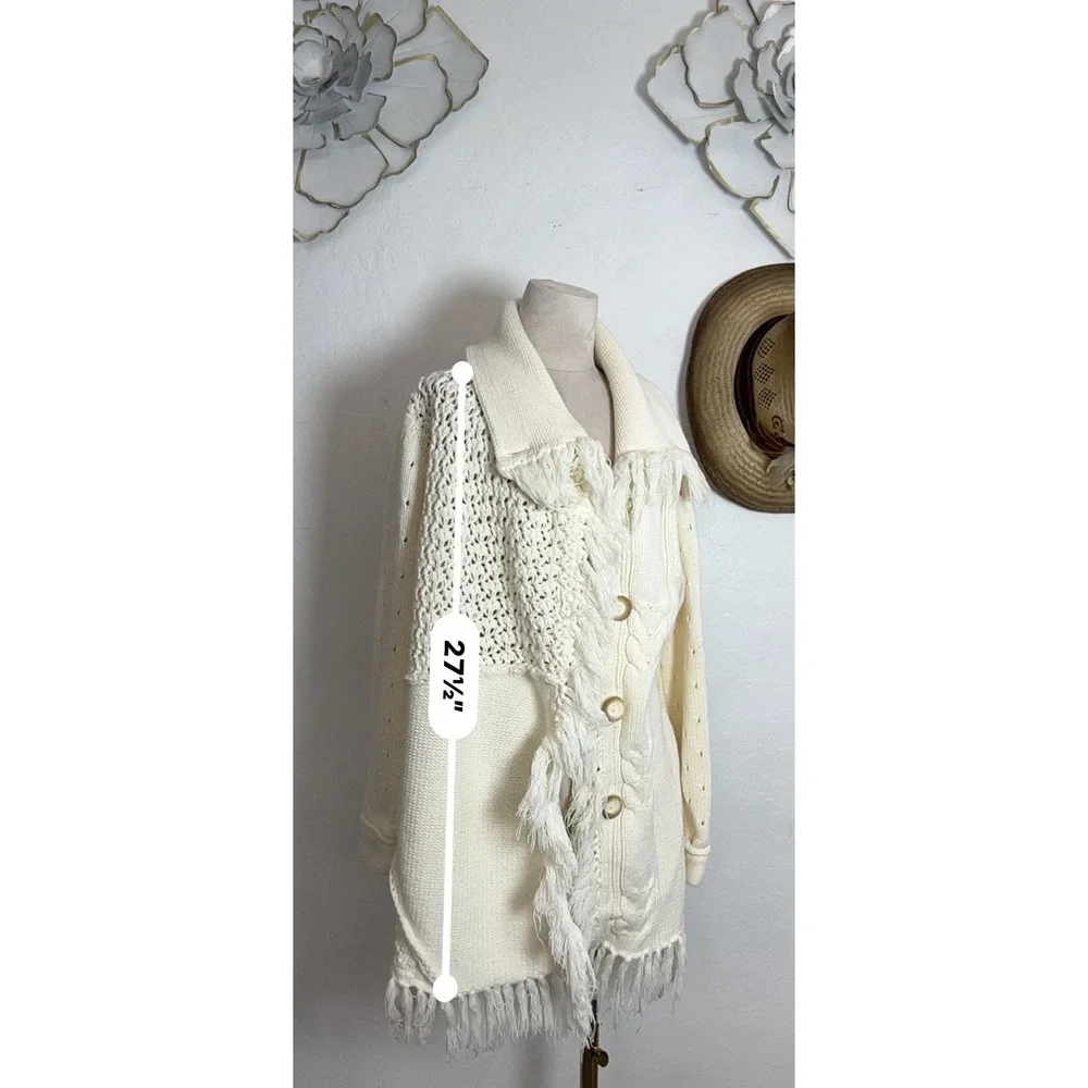 The Territory Ahead Fringe Cardigan Sweater Coat M Cream Boho Patchwork Cotton
